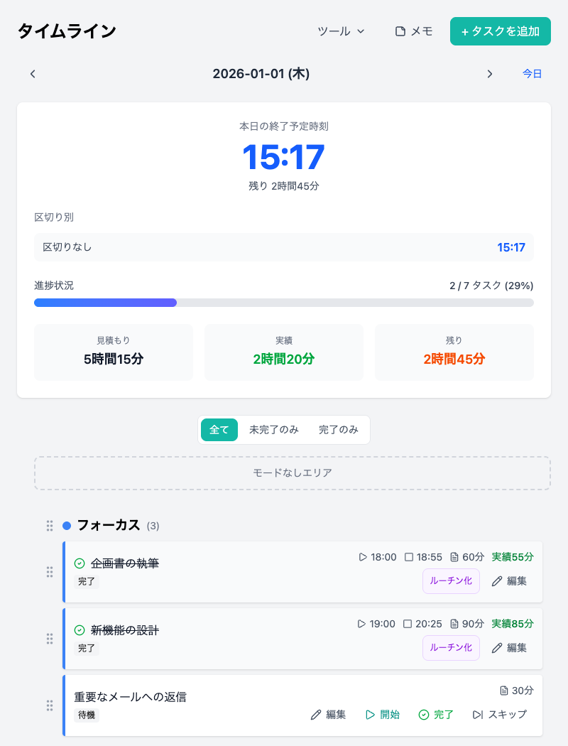 Flonnerのタイムライン画面。タスクが時間順に並び、終了予定時刻が表示されている